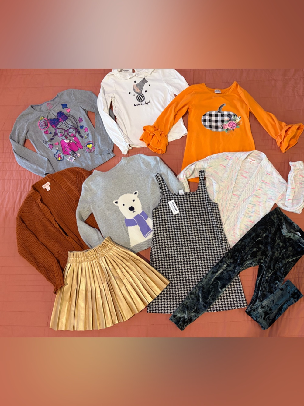 Lot of girl size 6-7 fall clothing. Pleated skirt, ruffles, fall, cardigans